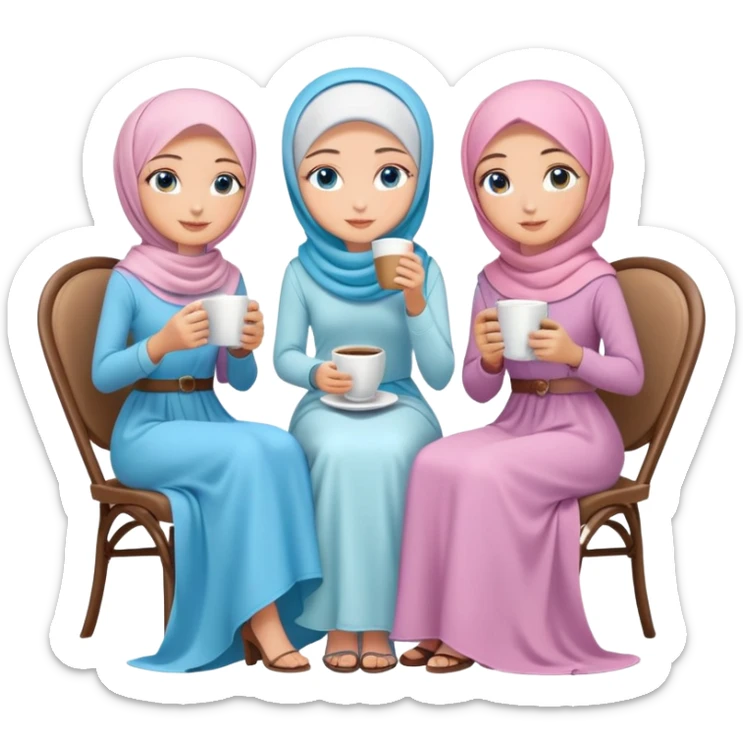 Turkish beautiful finish Konya girls blue eyes with pastel hijab long tail dress and the two friends sits on the chair on the ground and holds cup coffe with her hand  sticker