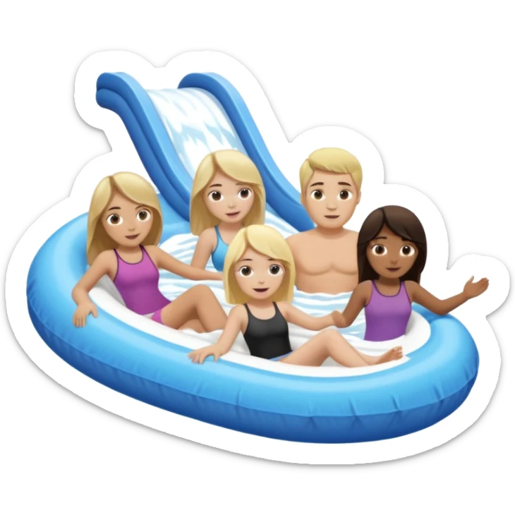 dark brown haired girl that’s pale and blonde haired girl and dirty blonde haired man and dark brown hair guy that has a bit longer hair just above his shoulders and is pale too on the lazy river water slide sticker