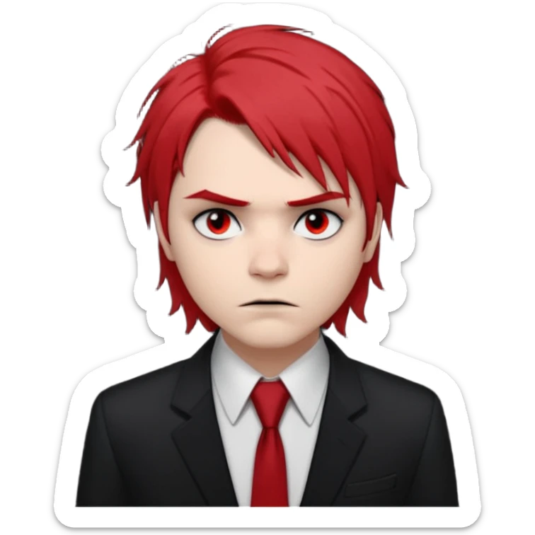 🎨 Classic Emoji — Gerard Way (Revenge Era)
Round, simplified emoji style
Pale skin tone
Jet-black, shoulder-length hair messy and emo
Heavy eyeliner and slight red shadow under the eyes
Subtle serious / melancholic expression
Hint of red tie visible on black button up shirt.
Transparent background sticker