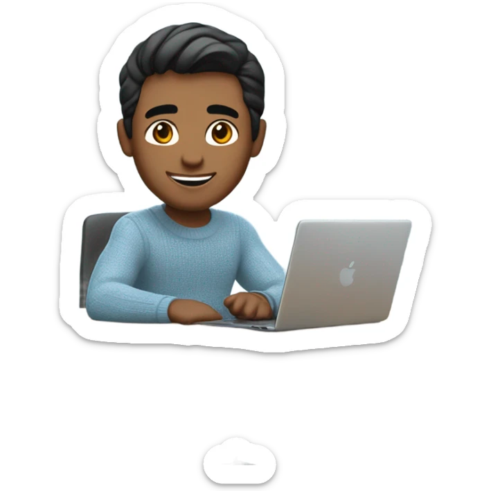memoji of a man with a laptop in front, apple-style,modern,slightly brown skin,black hair,slightly broad nose, smile on face, ,light blue sweater,computer on table,sitting on his desk sticker