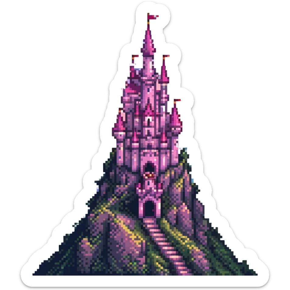 pink fantasy castle perched on a tall mountain, pixel art, cute and detailed, vibrant colors, magical vibe sticker