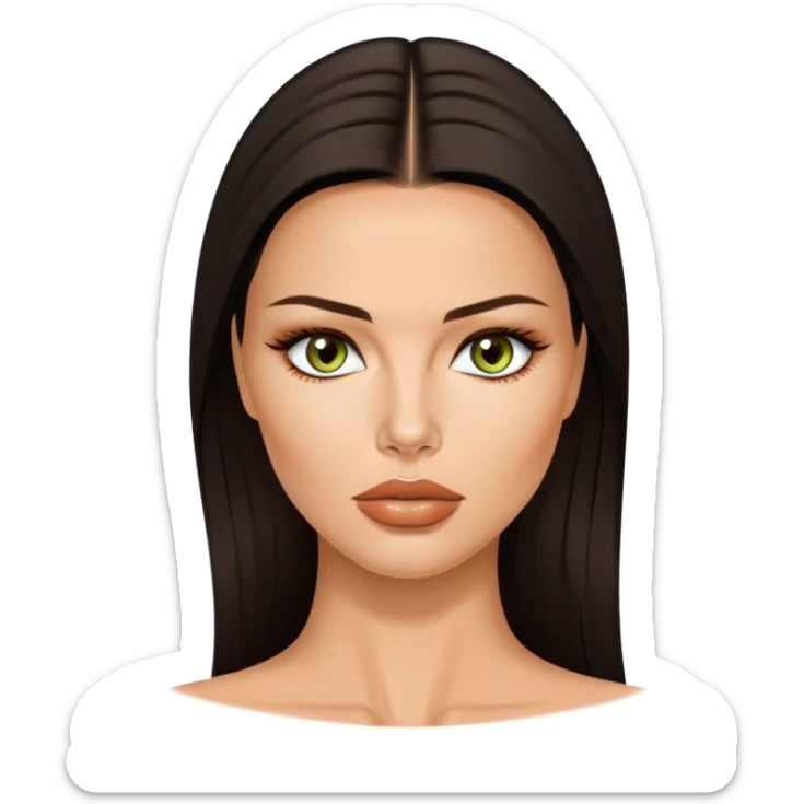 Mujer, ojos avellanados color verdes,sin labios, el color de ojos de adriana lima, cabello castaño oscuro y liso, nariz respingada, mentón prominente sticker