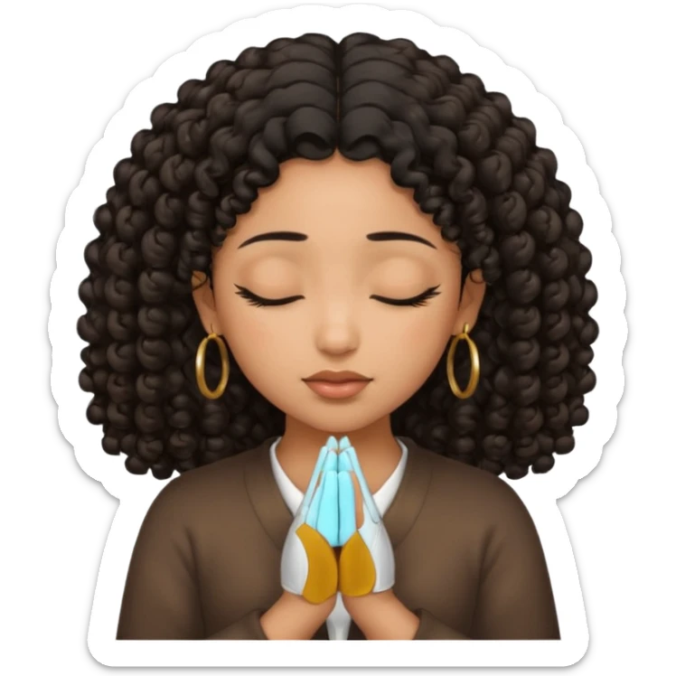brown girl praying curls black hair and eyes closed gold hoop earrings sticker