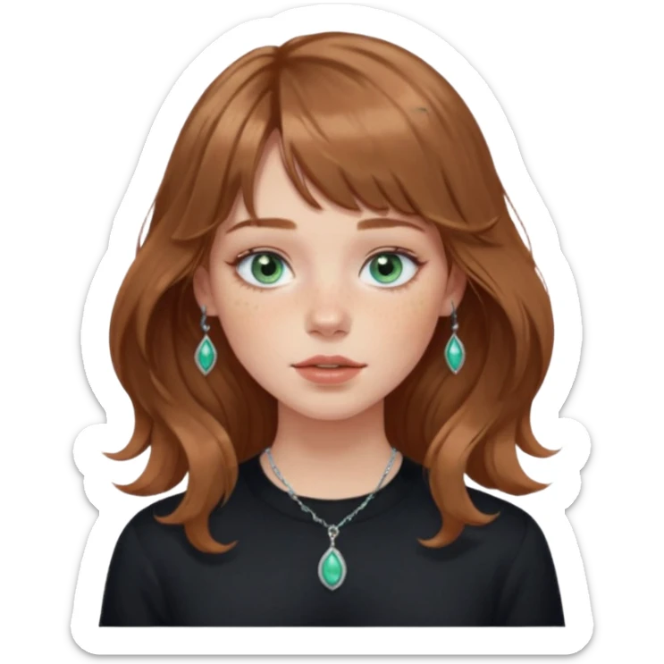 Woman with light cool brown wavy hair and curtain bangs, freckled fair skin, blue-green eyes, rosy lips, septum ring, soft natural makeup, delicate silver jewelry, relaxed expression. black shirt sticker