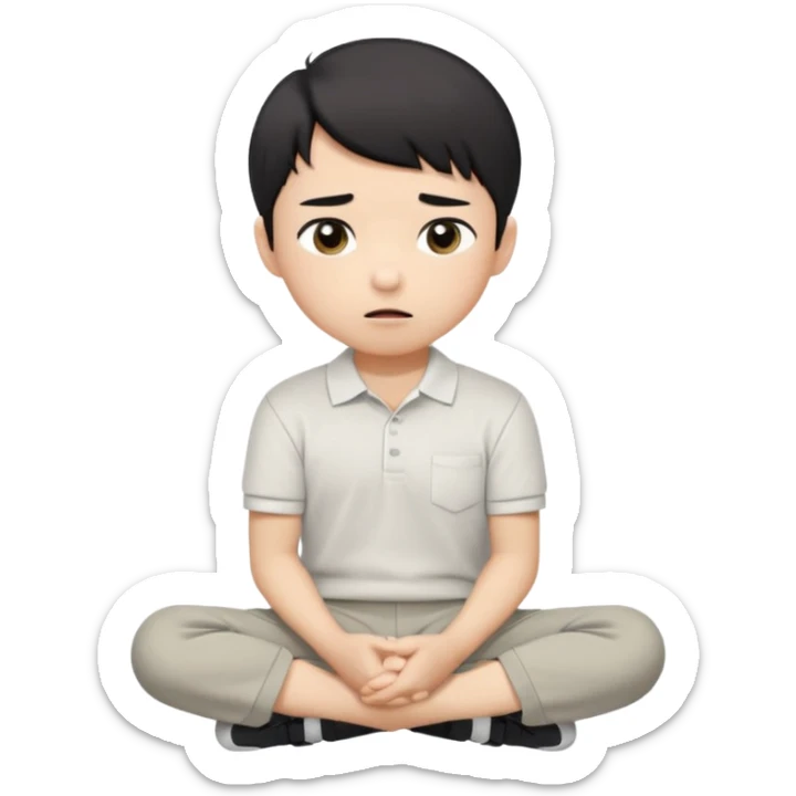 A cartoon young Asian boy with short black hair, light beige skin, and large expressive eyes, wearing a white polo shirt, gray pants, and black shoes. He sits cross-legged on the ground, one fist resting on his cheek, with a closed-mouth smirk. Clean lines, flat colors, solid black background. sticker