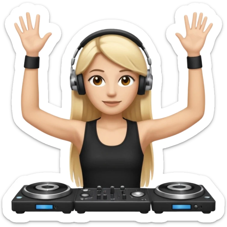 I want a white female dj animated gif emoji with long straight centre parting blonde hair, brown eye brows and putting hands up in the air. Wearing a black tight top with no sleeve. Also wearing DJ headphones  sticker