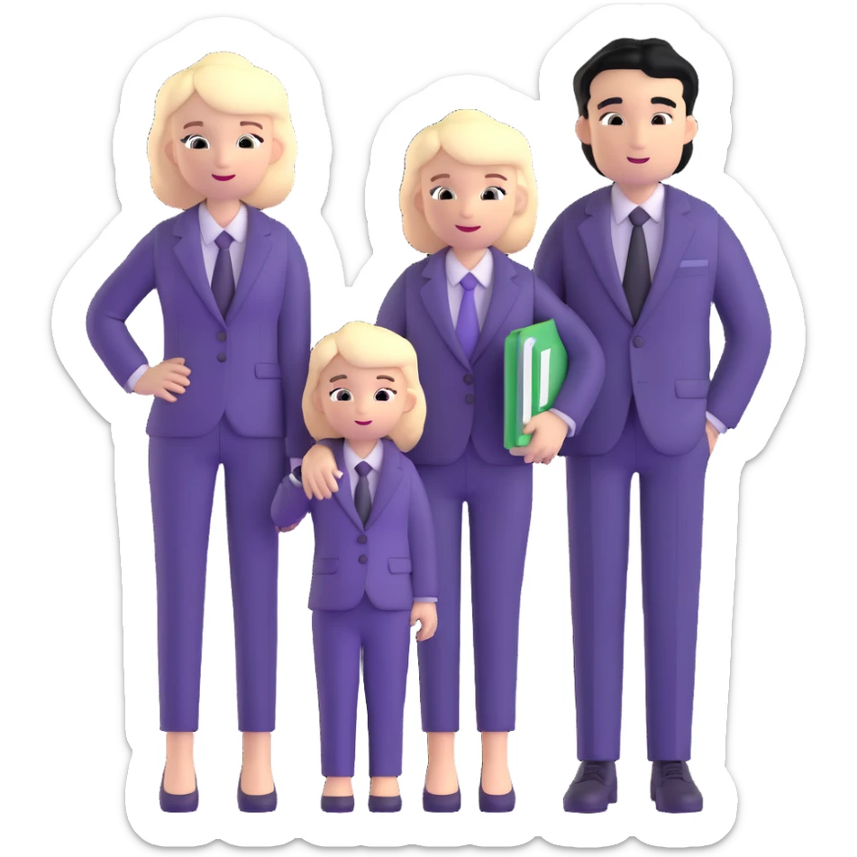 The Parr family from Incredibles in civilian clothes - Bob in business suit, Helen in casual clothes, Violet teen with black hair, Dash blonde boy, baby Jack-Jack sticker