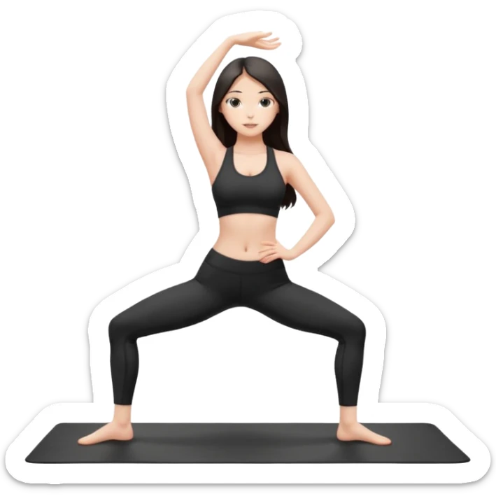Девушка белокожая, с длинными темными волосами, в черной одежде для йоги, стоит в позе лотоса, в стиле бимбо пилатес, правильные пропорции, только человек, правильные ноги sticker