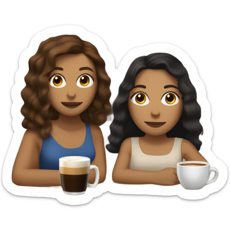 puerto rican woman light skin with shoulder-length, wavy, brown hair drinking latte with Roman woman with black, straight hair drinking espresso at table sticker