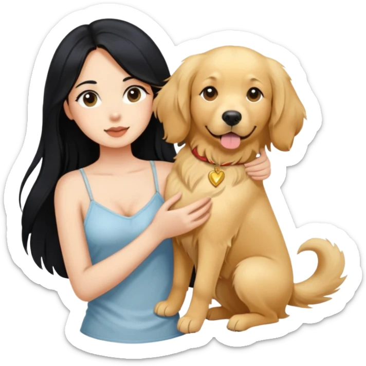 Long black hair - a girl in a camisole holding a golden retriever sticker