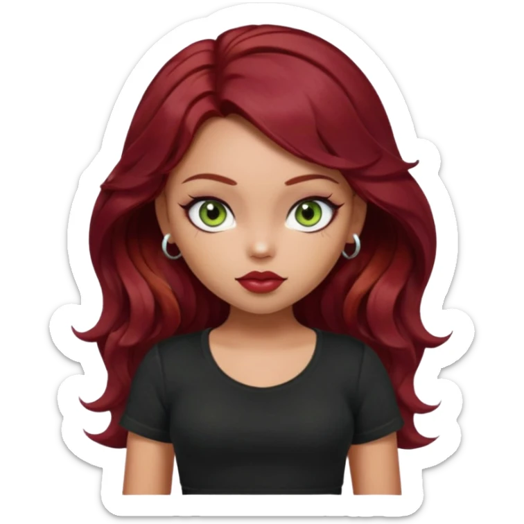 a pretty fair bratz girl with wavy dark red hair, wearing a black tee. eyeliner on, olive green eyes. Till stomach sticker