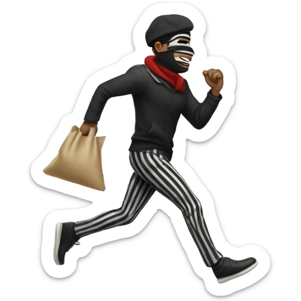 a crook with a black eye mask and striped clothing, side profile as he’s running with a bag of money over his shoulder sticker
