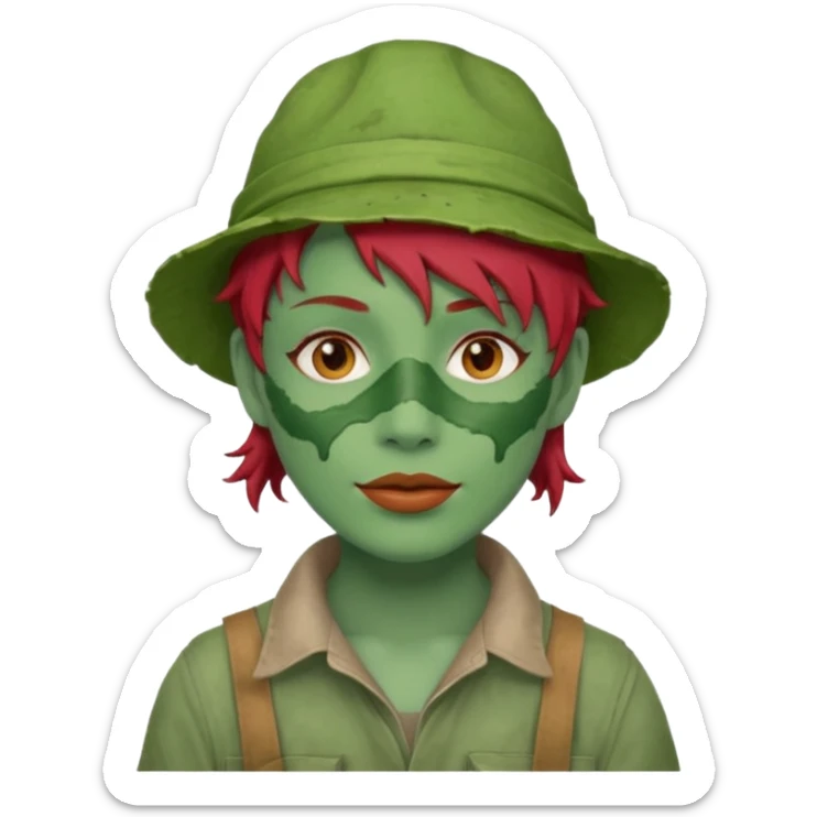 messy green full face green clay mask and tourist hat red hair  sticker