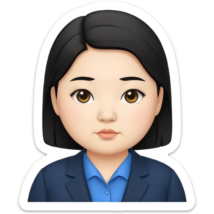 chubby asian waman round eyebrow medium black hair wear black suit blue shirt  sticker
