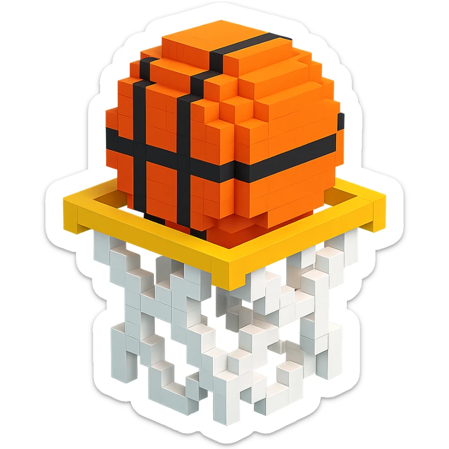 A voxel-style basketball in a net, detailed and intricate sticker
