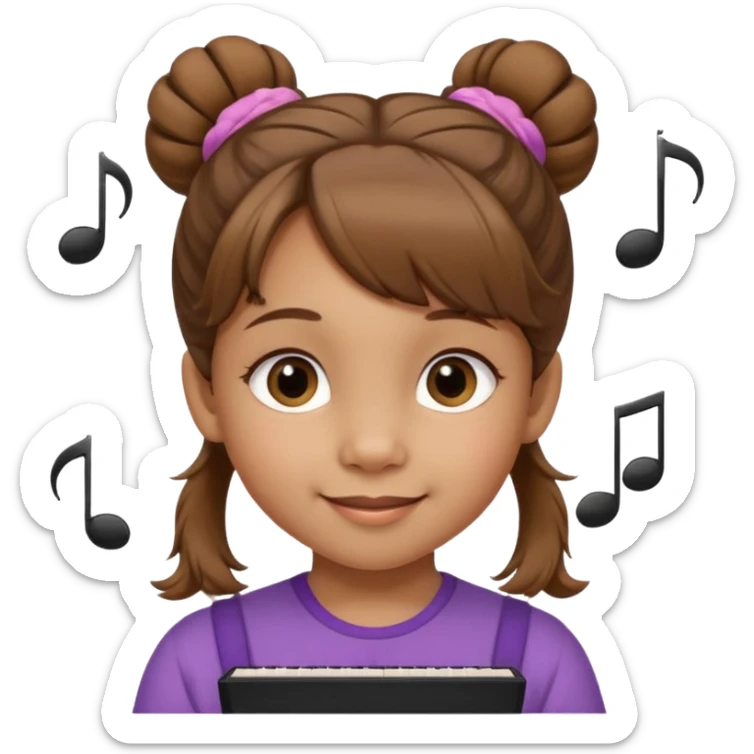 Niña de 4 años con ojos marrones claros, pelo castaño claro con dos moños altos y pelitos sueltos a modo de flequillo, nariz chata y risueña. Con nota musical sticker