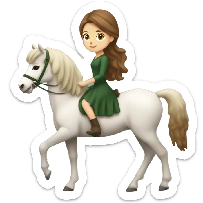 White girl with brown hair and a beautiful forest green dress riding a cute Haflinger  sticker