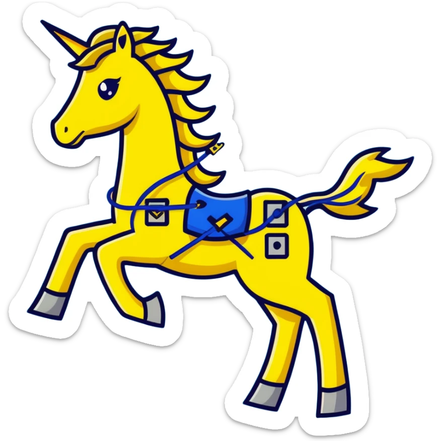 yellow fast electric horse made of electricity, bolts, visible yellow wires, lightning, blue electricity, dynamic galloping pose sticker