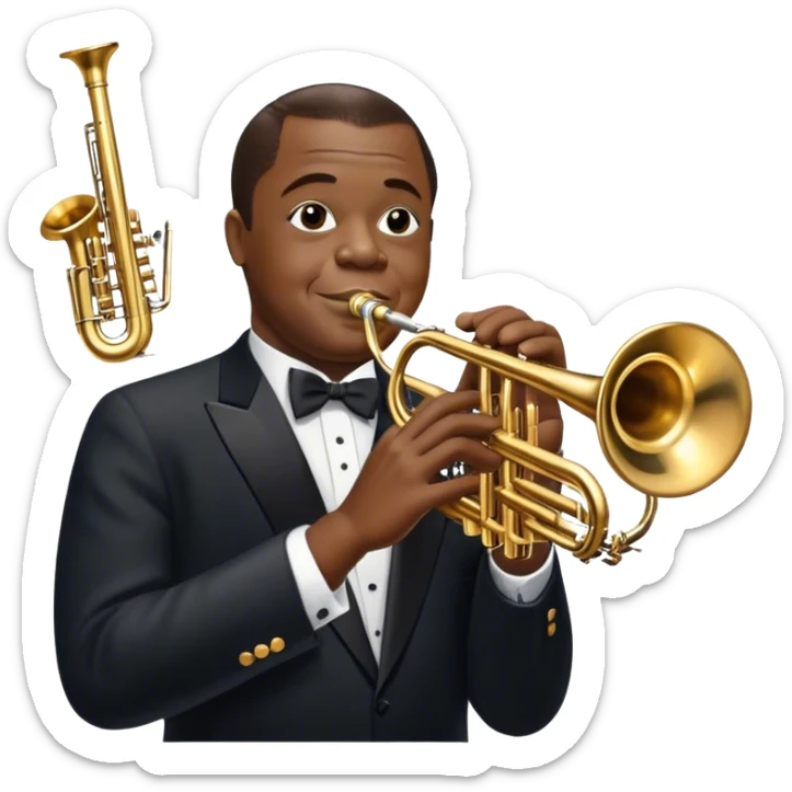 Icon for Jazz Music: Louis Armstrong with his trumpet in front of a jazz orchestra. Include musical instruments like a saxophone, trumpet, and piano, with floating musical notes around. The design should capture the smooth and soulful vibe of jazz. Transparent background. sticker