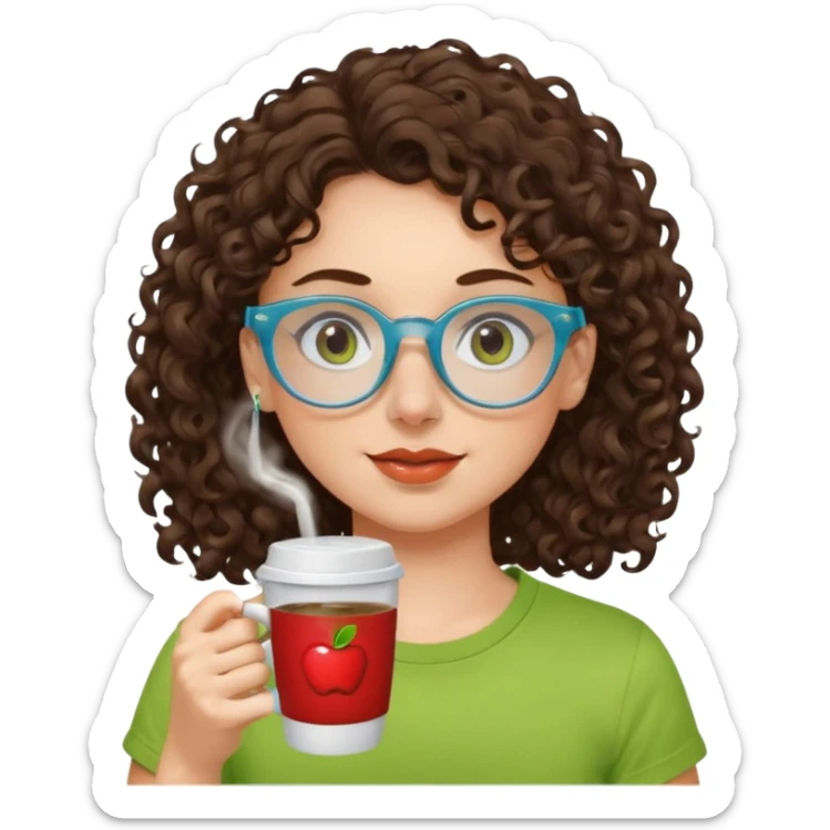 White girl with dark brown curly hair, brown eyes, sky blue glasses, nose ring, apple green t shirt, drinking coffee from a glass cup sticker