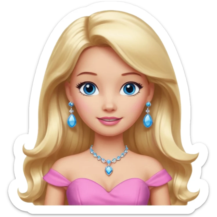 barbie, long blonde hair, pink dress, with blue eyes,different dress,ear rings, jewelry, different face expressions. sticker