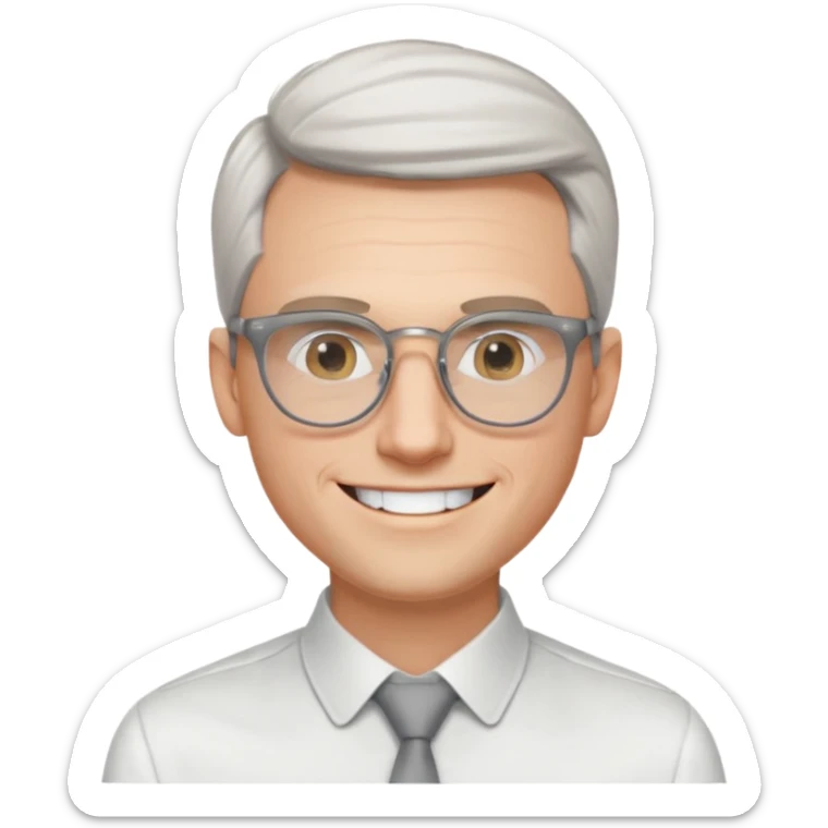 30 yr old pale white man, white/grey side swept stylish hair, round glasses, big smile, white teeth, handsome, longer hair, thin glasses, white dress shirt, smooth forehead, botox, no tie, open collar sticker