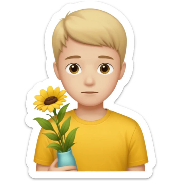 generate an ios genmoji of a 20 year old fair boy with faint upper lip hair (brown). should look like he cant grow a mustache., carrying a flower bouquet, wearing a yellow tshirt, looking shy sticker