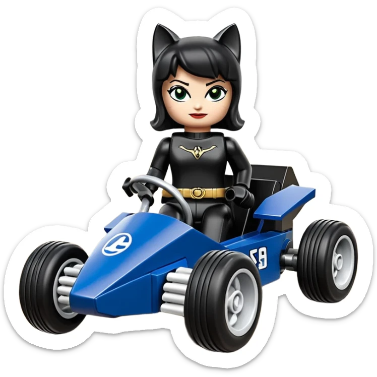 full size real-appearance road racing sexy buxom CatWoman’s feminine midnight-colored tight outfit sixty’s tv show dark stealthy accurate sporty safe plush deluxe Lego off-road pursuit drifting car lexus (black hair,reclining and relaxed torso and shoulders back against seat) rallycross kart  sticker