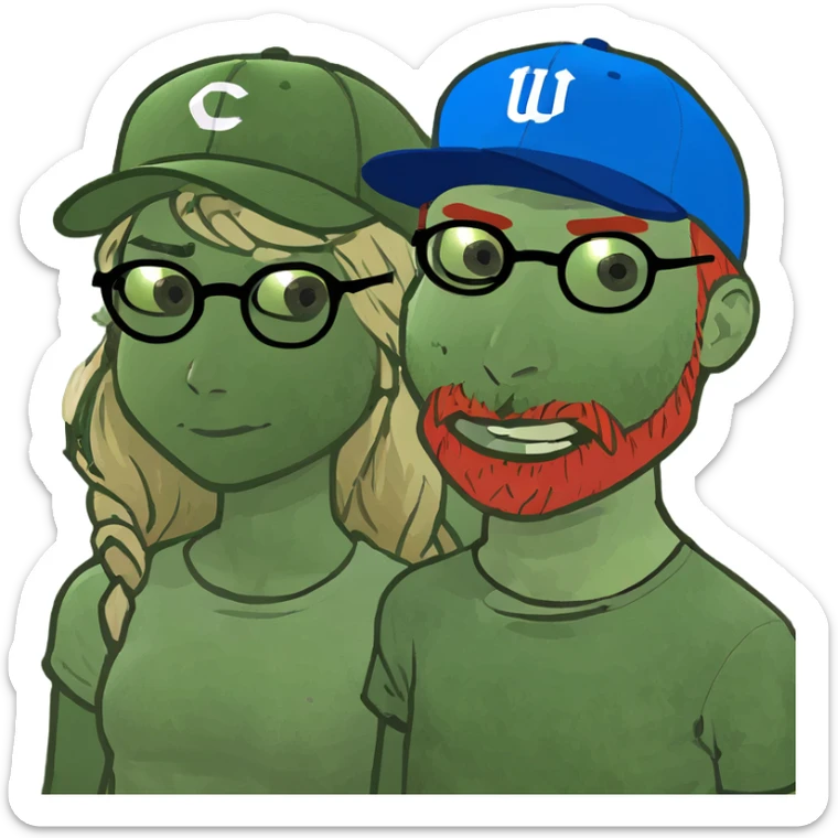 Brunette girl, with brown round glasses, and freckles and pale man with dirty blonde hair, freckles, blue eyes, and red beard. sticker