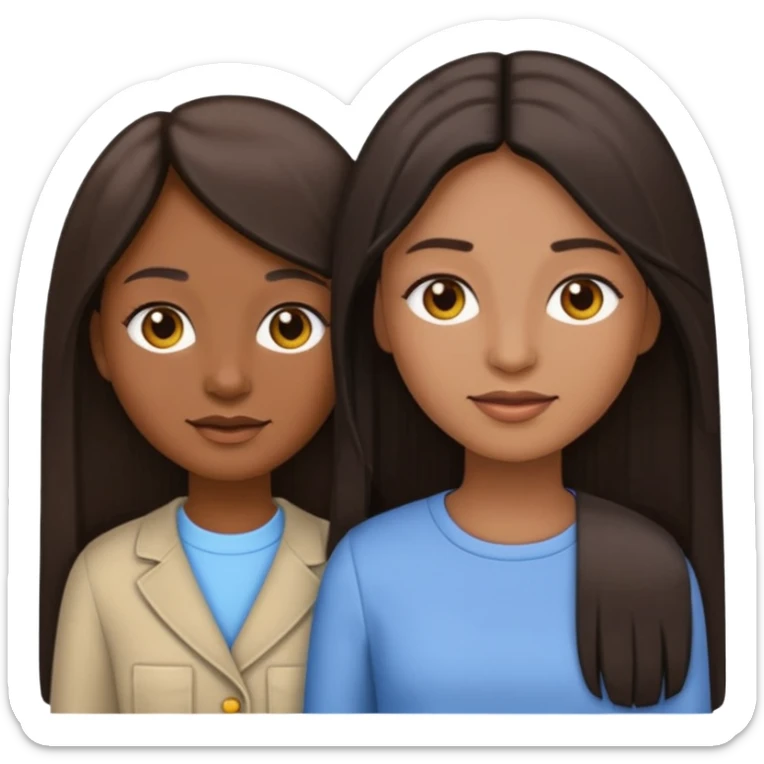 generate me emojis of sisters, one should look older, the other younger. the older one has dark brown hair, long, straight, the younger one is slightly lighter, also straight, long. clothes are any in principle, the main thing is that they more or less look like each other sticker