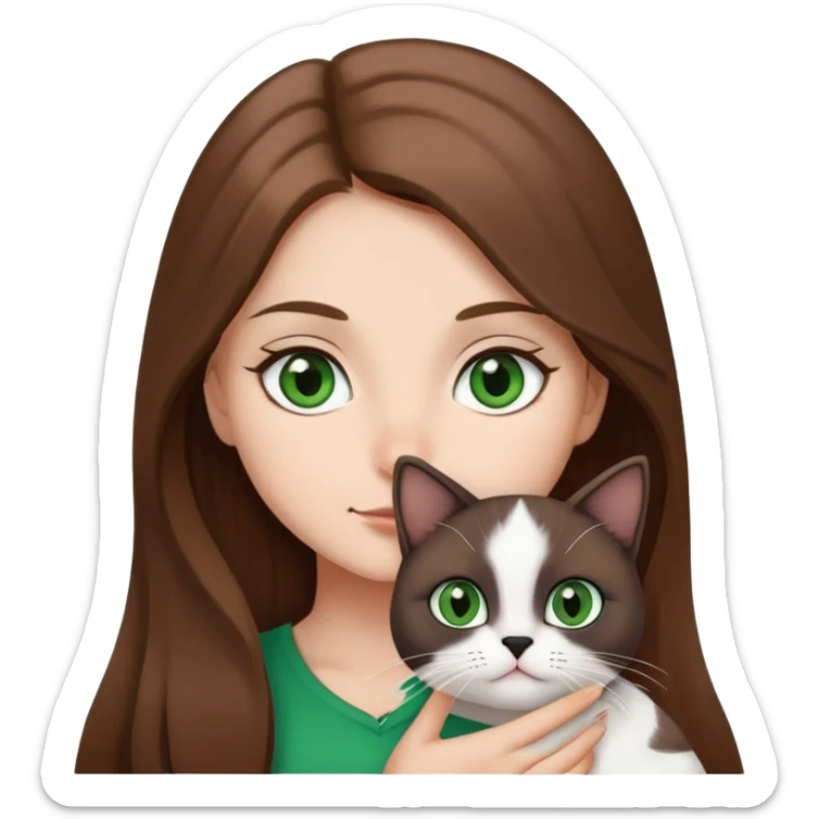 Create a girl with long brown hair and brown eyes holding a small black and white cat (even her nose is black) and green eyes sticker
