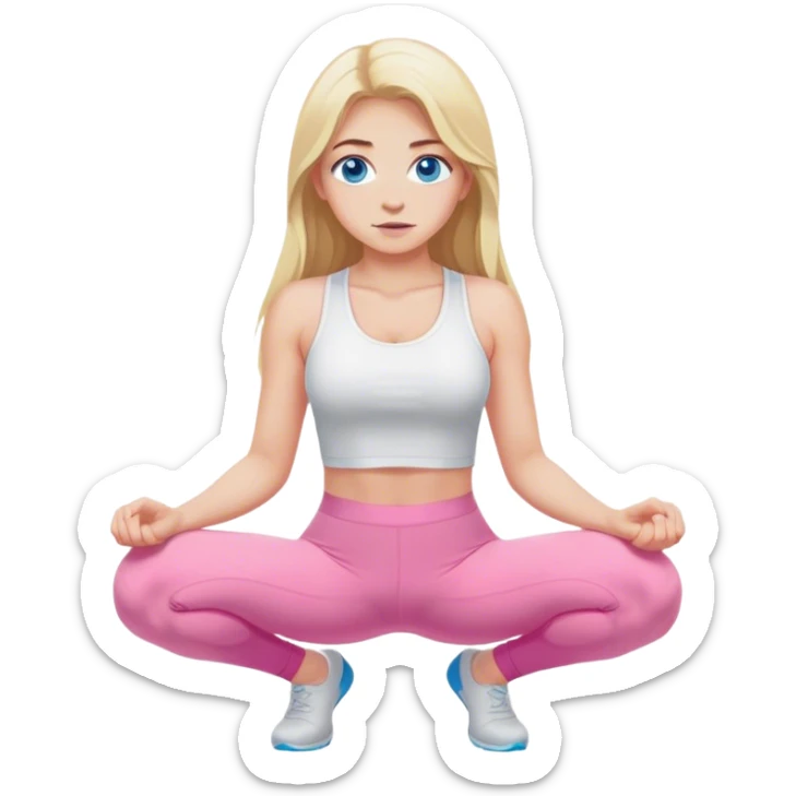 Cinematic realistic blonde with long hair and blue eyes, dressed in a white top and pink leggings, squats sticker