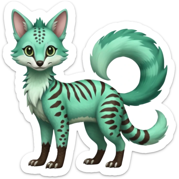 Feral Rare Fantasy brownie minty-cyan pastel-seafoam-green Hunter-forest-green  Vernid-Sergal-Genet-Trico-species by LiLaiRa, random markings, tufted tail, tufted ears, full body sticker