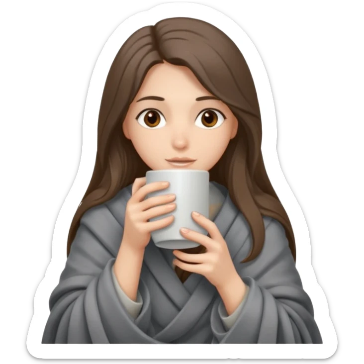 Brown-eyed, fair-skinned girl with long hair down to her shoulders, wrapped in a gray blanket, drinking from a New Year's mug sticker