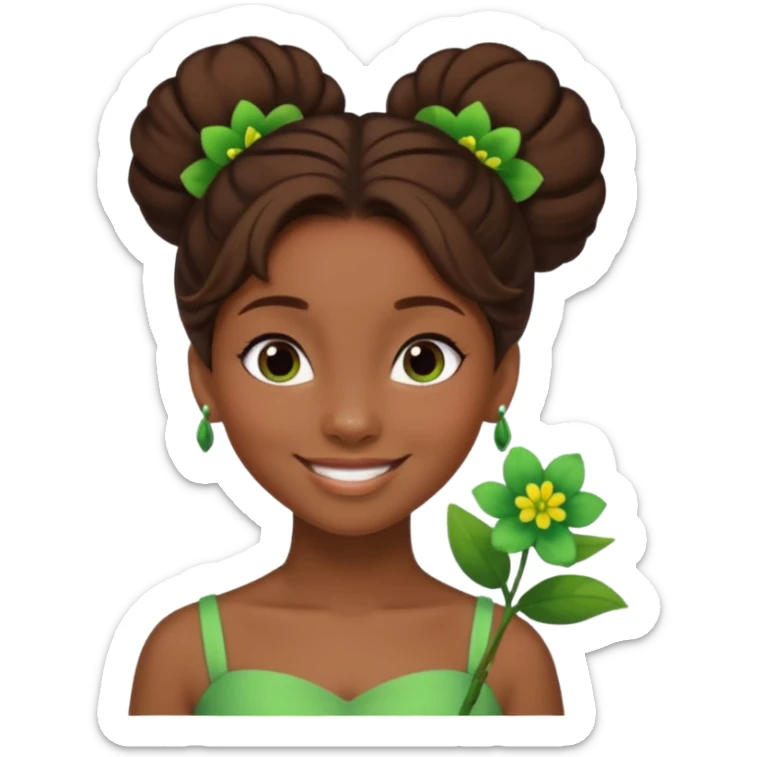 tạo cho tôi emoji tạo hình của công chúa da đen tóc nâu búi tóc 1 bên trên đỉnh đầu, cô ý cài hoa màu xanh lá cây. không đeo khuyên tai sticker