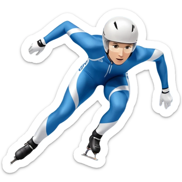 An icon showing a grand arena, snow-covered mountains in the distance, and a crisp blue sky. professional speed skater leaning into a turn on a polished ice track, dressed in a sleek suit and helmet. Transparent background highlights speed and precision. sticker