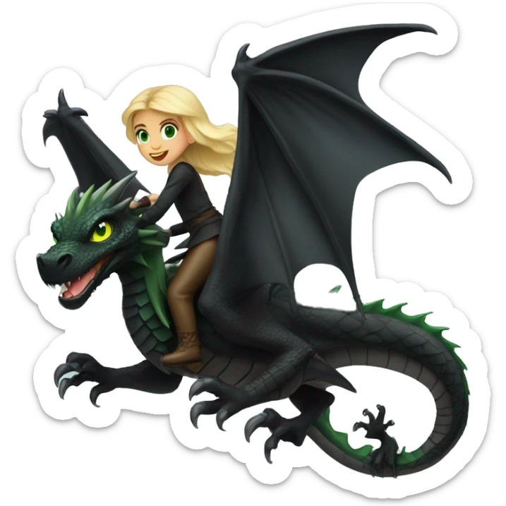 blonde haired green eyed girl riding a full size black dragon with wings sticker