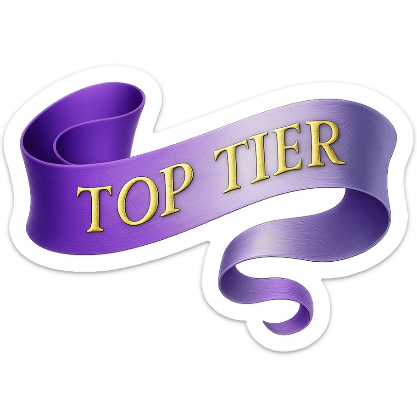 An elegant, flowing ribbon in a vibrant gradient of purple and silver, with the words 'TOP TIER' embossed in a sophisticated, slightly raised gold lettering, no background sticker