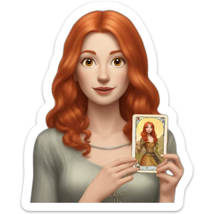 redhead white woman medium long straight hair, holding a tarot card in her hand sticker