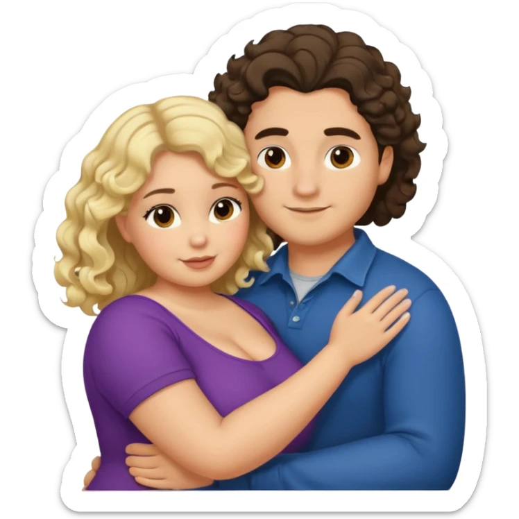 flirty couple hugging. The man dark brown brushed hair. The woman is chubby and has shoulder-length blond curls sticker