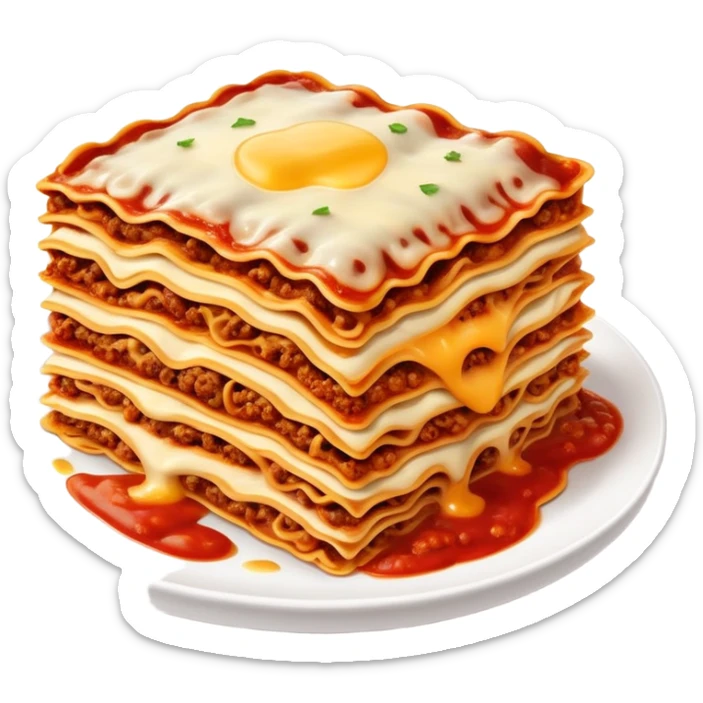A delicious plate of lasagna with layers of pasta, cheese, and meat sauce, steaming hot sticker