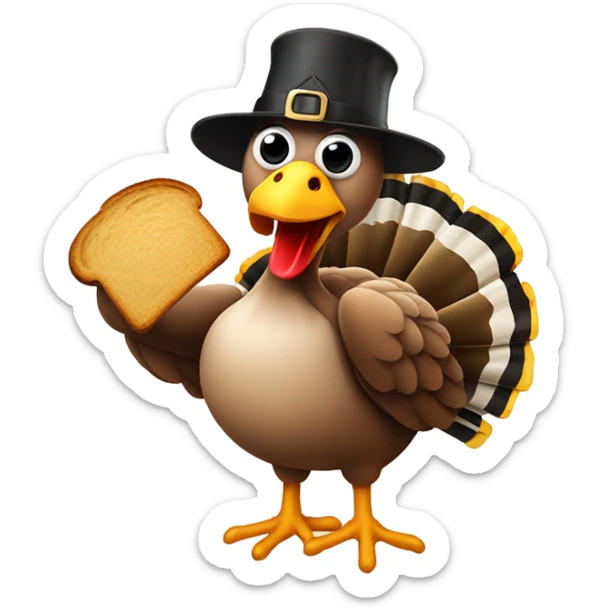 Turkey wearing hat, holding slice of black toasted bread with pan of oysters, fire sticker