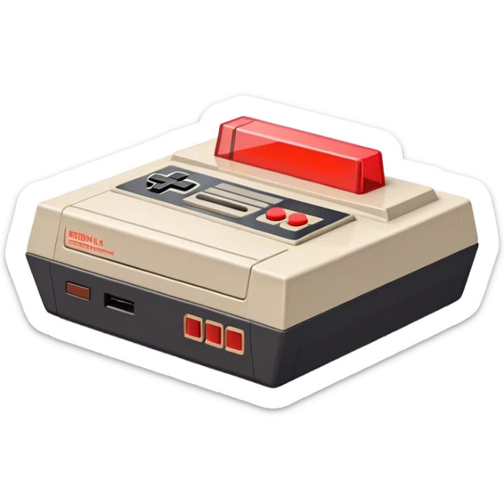 Clash of Clans aesthetic: Cinematic Playful NES Console Portrait Emoji, rendered in a 3D vector-style similar to standard emojis with minimal shading and bold, simplified shapes. A compact, distinct form with signature details, softly glowing with a nostalgic gaming charm. Simplified yet unmistakably iconic, highly detailed and consistent, glowing with a soft radiance and high shine. Stylized with a touch of retro gaming magic and a soft glowing outline, capturing the essence of a beloved gaming relic with a friendly, playful manner! sticker