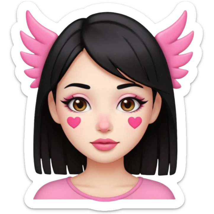 “Emoji girl, pastel pink streaks in black hair hair, bold winged eyeliner, heavy blush on cheeks and nose bridge, under-eye hearts, glossy pink lips, playful smirk.” sticker