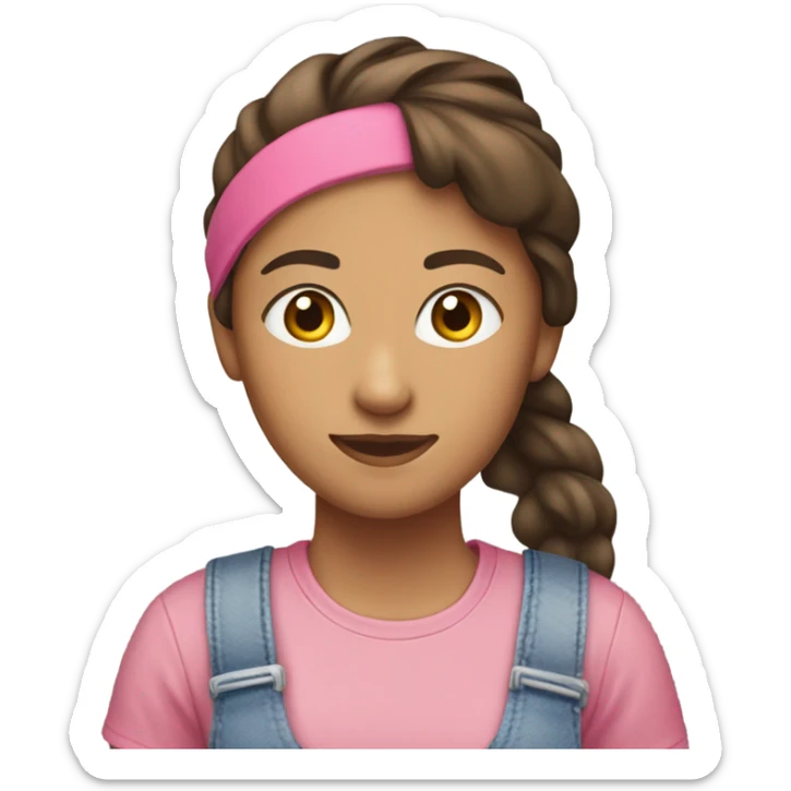 A white woman with brown hair in pony tail wearing pink headband, pink t shirt and overalls  sticker