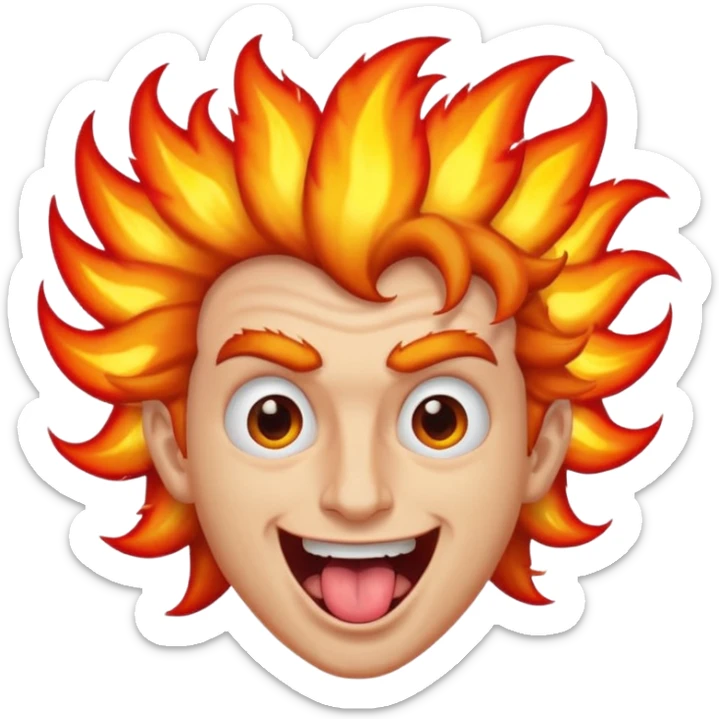 man with wild hair, tongue out, eyes on fire, weird face sticker
