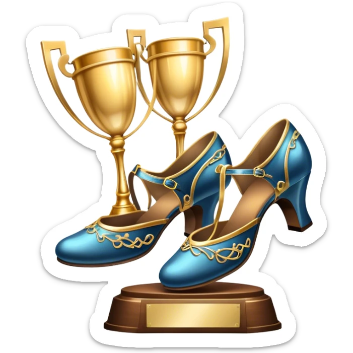 Icon for Ballroom Dancing: a pair of ballroom shoes, a dance floor with lighting, and a decorative dance trophy. The icon should represent the elegance and rhythm of ballroom dance through its key symbols. Transparent background. sticker