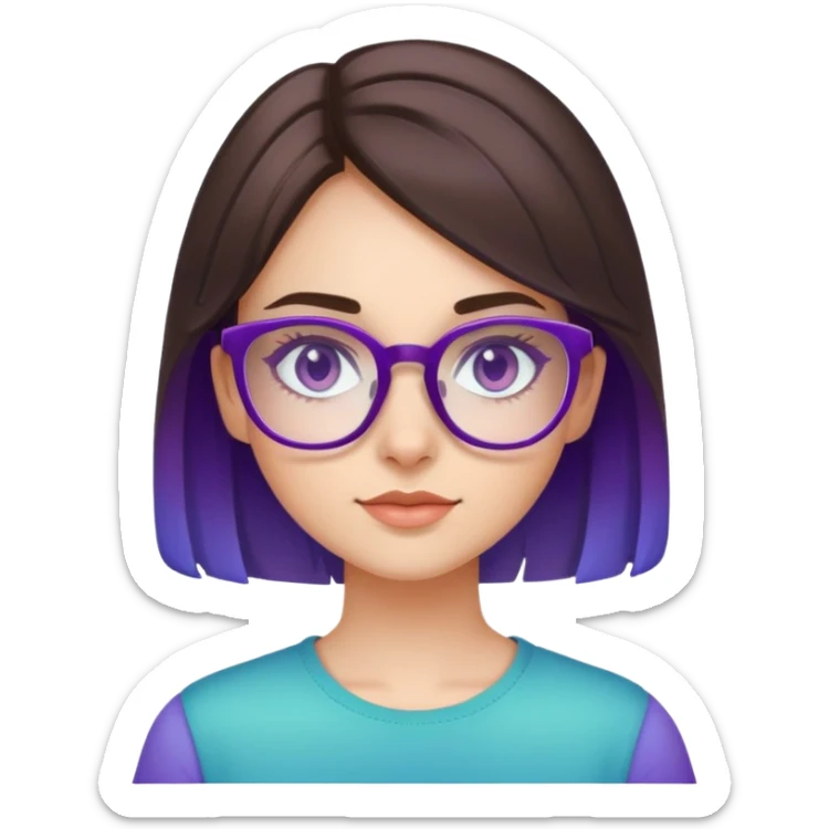 chica morena de pelo, piel clara, ojos marrones verdosos, gafas con montura degradada en azul y morado sticker