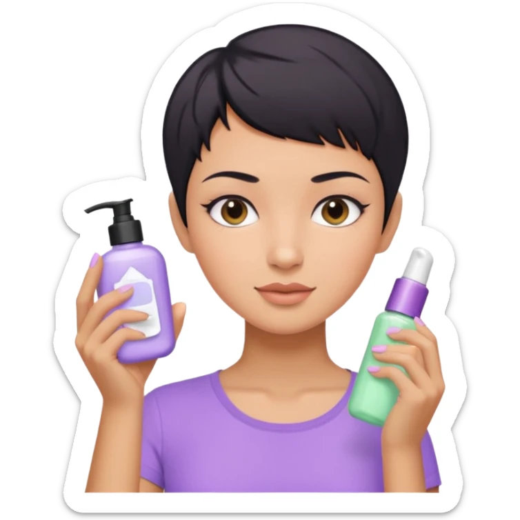 tan girl with pastel purple shirt with black hair & a pixie, doing her skin care sticker