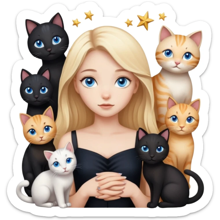 blonde girl with blue eyes zodiac stars in black dress with different cats sticker